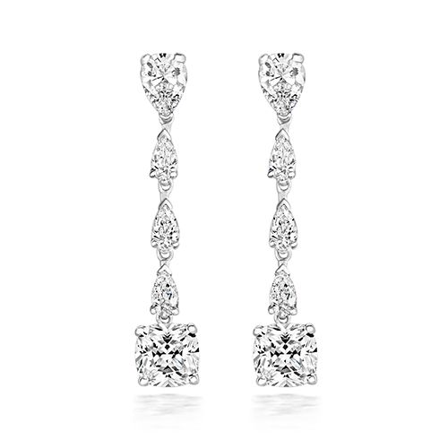 SILVER MULTIPEAR & LARGE CUSHION CZ DROP EARRINGS RHODIUM PLATED