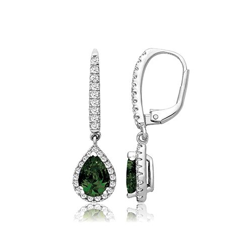 SILVER GREEN PEAR SHAPE & WHITE CZ DROP EARRINGS RHODIUM PLATED