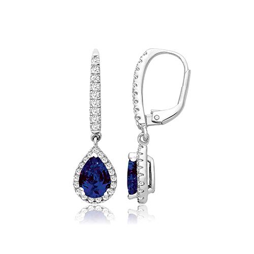 SILVER BLUE PEAR SHAPE & WHITE CZ DROP EARRINGS RHODIUM PLATED