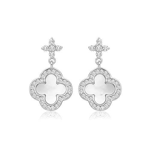 SILVER MOTHER OF PEARL & CZ CLOVER DROP EARRINGS RHODIUM PLATED