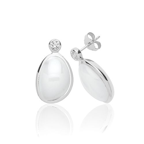 SILVER WHITE MOON STONE & CZ STUDS RHODIUM PLATED