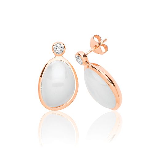 SILVER WHITE MOON STONE & CZ STUDS ROSE GOLD PLATED