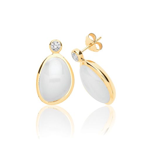 SILVER WHITE MOON STONE & CZ STUDS YELLOW GOLD PLATED