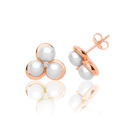 SILVER PEARL & CZ STUDS ROSE GOLD PLATED