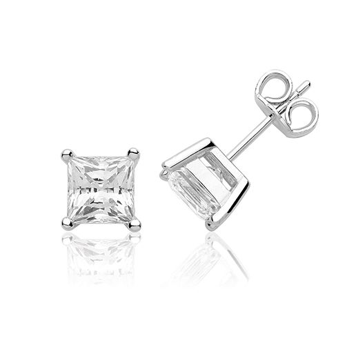 SINGLE STONE 6mm PRINCESS CUT CLAW SET STUDS RHODIUM PLATED WITH SWAROVSKI CZ