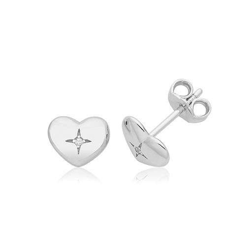 SILVER & CO HEART STUD EARRINGS RHODIUM PLATED