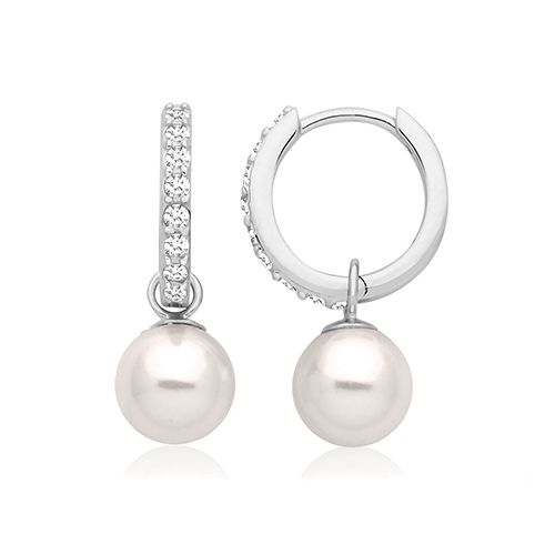 SILVER & CO PEARL DROP CZ HOOP RHODIUM PLATED + SHELL PEARL
