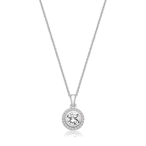 SILVER BEZEL SET RND HALO STYLE CZ PENDANT+CHAIN RHODIUM PLATED