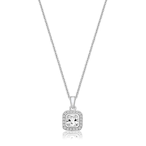 SILVER BEZEL SET SQ HALO STYLE CZ PENDANT+CHAIN RHODIUM PLATED