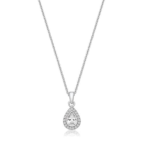 SILVER BEZEL SET PEAR SHAPE HALO STYLE CZ PENDANT+CHAIN RHODIUM PLATED