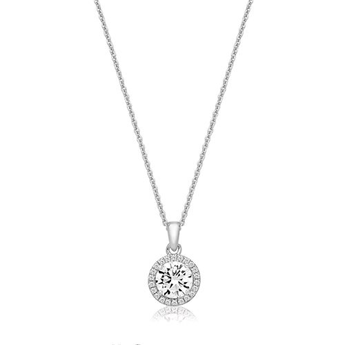 SILVER CLAW SET RND HALO STYLE CZ PENDANT+CHAIN RHODIUM PLATED