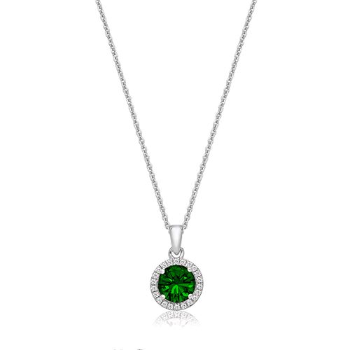 SILVER CLAW SET RND HALO STYLE GREEN CZ PENDANT+CHAIN RHODIUM PLATED