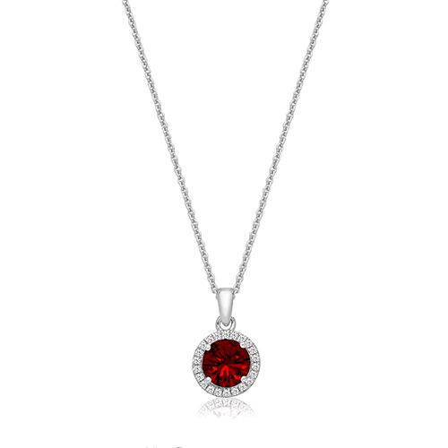 SILVER CLAW SET RND HALO STYLE RED CZ PENDANT+CHAIN RHODIUM PLATED
