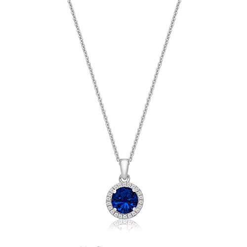 SILVER CLAW SET RND HALO STYLE BLUE CZ PENDANT+CHAIN RHODIUM PLATED