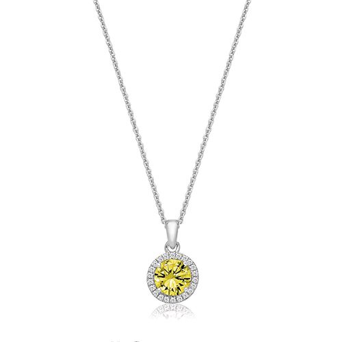 SILVER CLAW SET RND HALO STYLE YELLOW CZ PENDANT+CHAIN RHODIUM PLATED