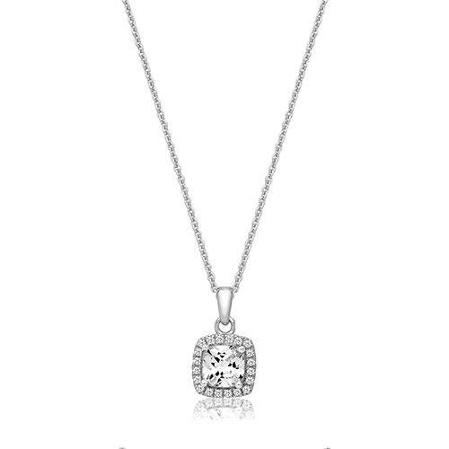 SILVER CLAW SET SQ HALO STYLE CZ PENDANT+CHAIN RHODIUM PLATED
