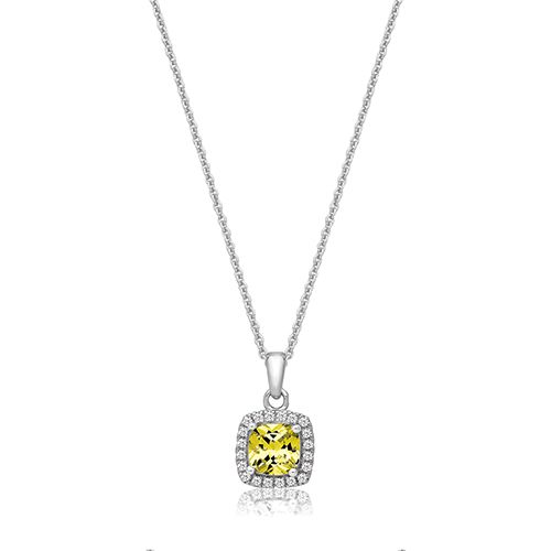 SILVER CLAW SET SQ HALO STYLE YELLOW CZ PENDANT+CHAIN RHODIUM PLATED
