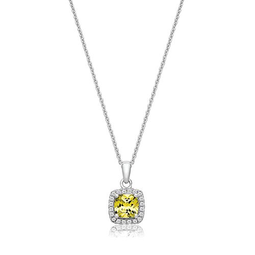 SILVER CLAW SET CUSHION HALO STYLE YELLOW CZ PENDANT+CHAIN RHODIUM PLATED