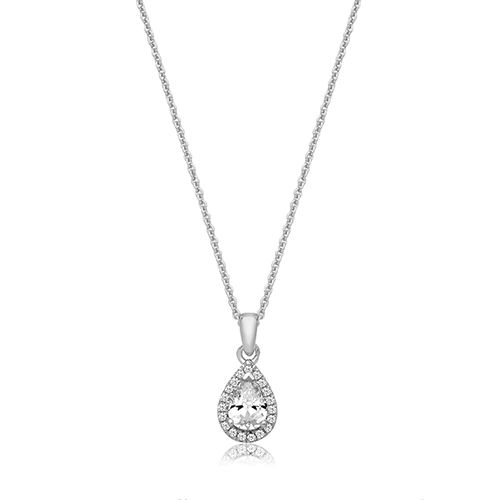 SILVER CLAW SET PEAR SHAPE HALO STYLE CZ PENDANT+CHAIN RHODIUM PLATED