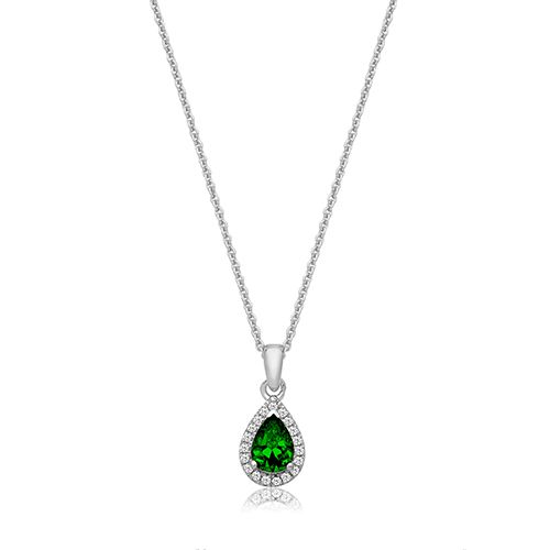 SILVER CLAW SET PEAR SHAPE HALO STYLE GREEN CZ PENDANT+CHAIN RHODIUM PLATED