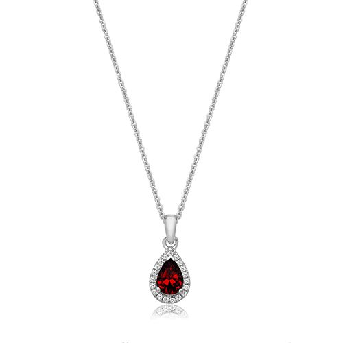 SILVER CLAW SET PEAR SHAPE HALO STYLE RED CZ PENDANT+CHAIN RHODIUM PLATED