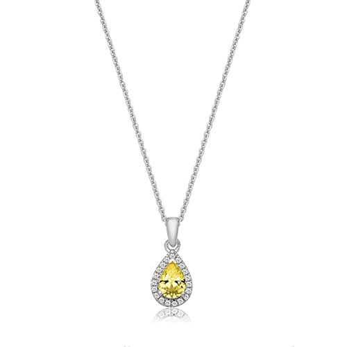 SILVER CLAW SET PEAR SHAPE HALO STYLE YCZ PENDANT+CHAIN RHODIUM PLATED