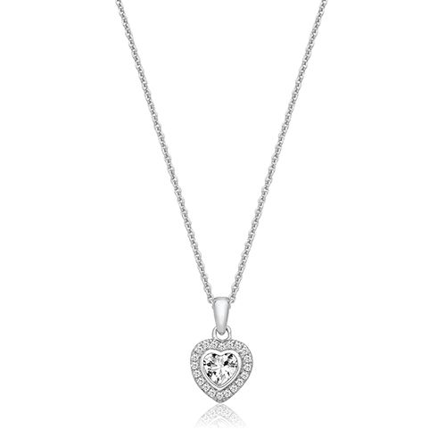 SILVER CLAW SET HEART SHAPE HALO STYLE CZ PENDANT+CHAIN RHODIUM PLATED