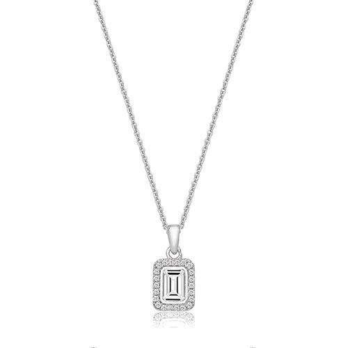 SILVER BEZEL SET EM CUT HALO STYLE CZ PENDANT+CHAIN RHODIUM PLATED
