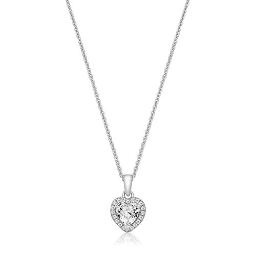 SILVER CLAW SET HEART SHAPE HALO STYLE CZ PENDANT+CHAIN RHODIUM PLATED
