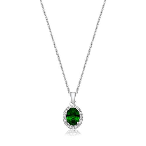 SILVER CLAW SET OVL HALO STYLE GREEN CZ PENDANT+CHAIN RHODIUM PLATED