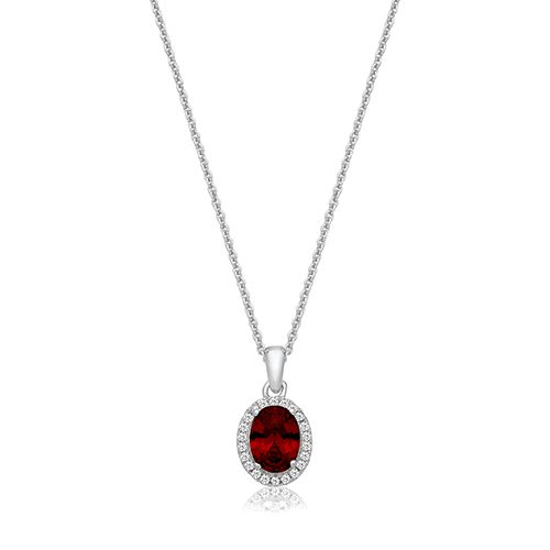 SILVER CLAW SET OVL HALO STYLE RED CZ PENDANT+CHAIN RHODIUM PLATED