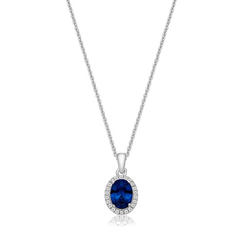 SILVER CLAW SET OVL HALO STYLE BLUE CZ PENDANT+CHAIN RHODIUM PLATED