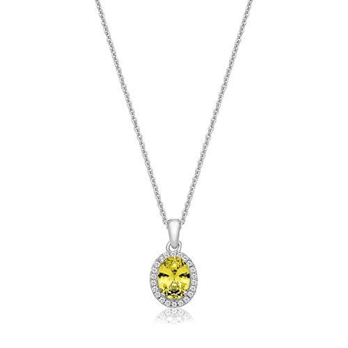 SILVER CLAW SET OVL HALO STYLE YELLOW CZ PENDANT+CHAIN RHODIUM PLATED