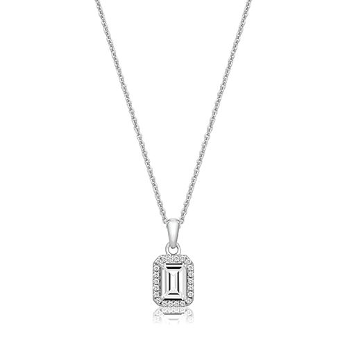 SILVER BEZEL SET EM CUT HALO STYLE CZ PENDANT+CHAIN RHODIUM PLATED