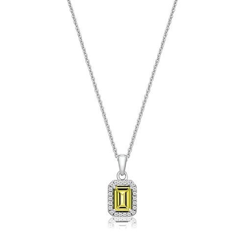 SILVER BEZEL SET EM CUT HALO STYLE YELLOW CZ PENDANT+CHAIN RHODIUM PLATED