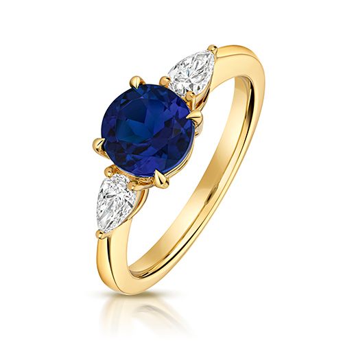 LAB GROWN ROUND SAPPHIRE AND PEAR SHAPE DIAMOND RING IN 9CT