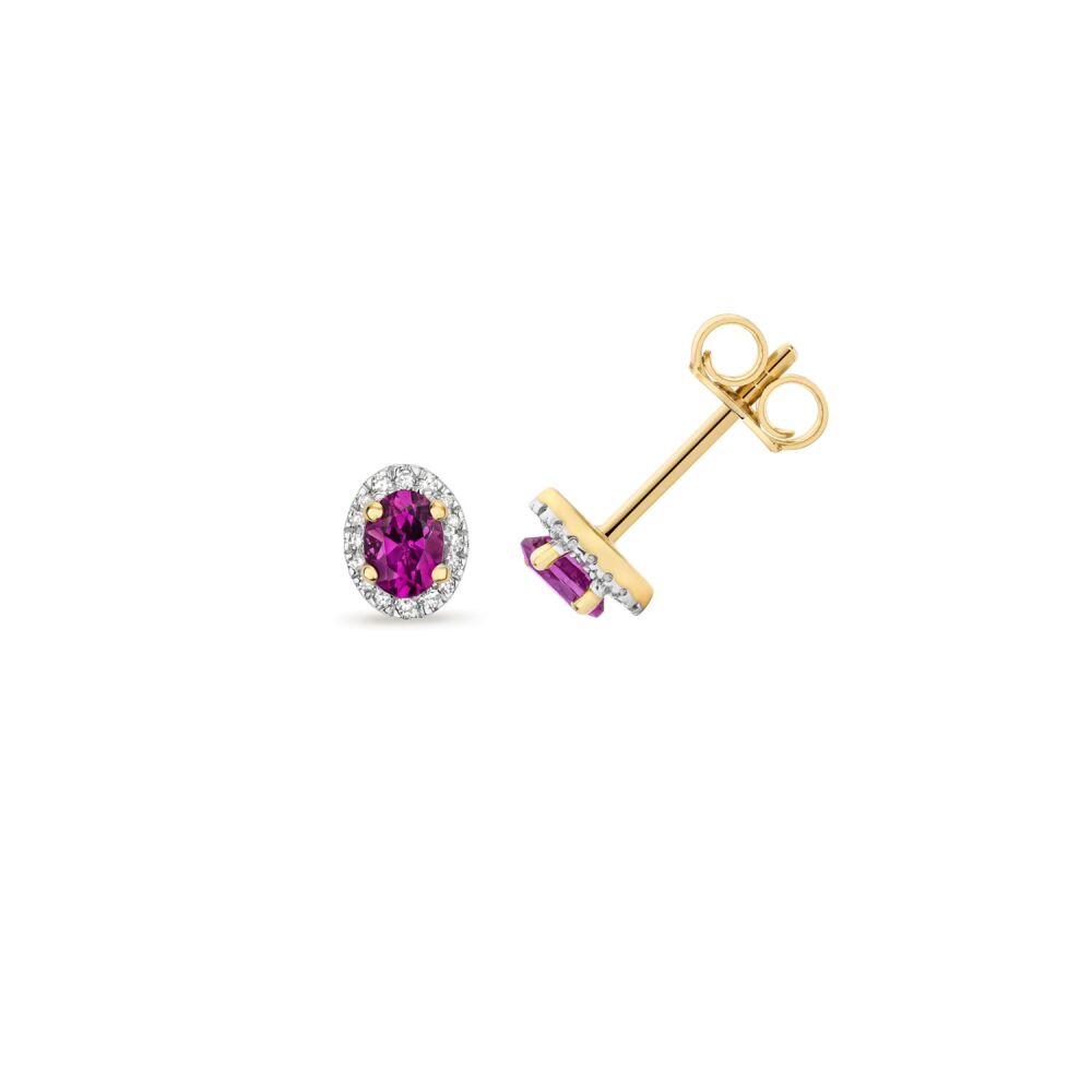 9CT DIAMOND AND PURPLE GARNET OVAL STUDS