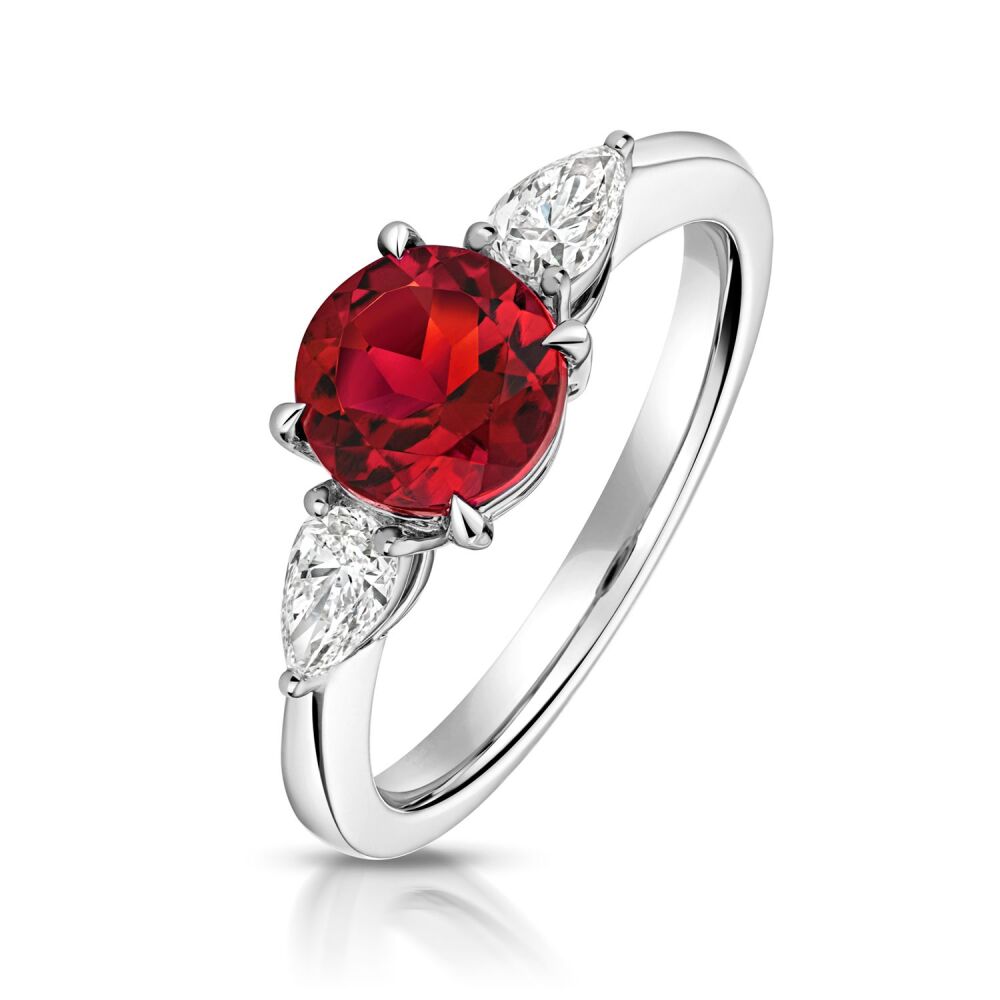 9CT LAB GROWN ROUND RUBY AND PEAR SHAPE DIAMOND RING