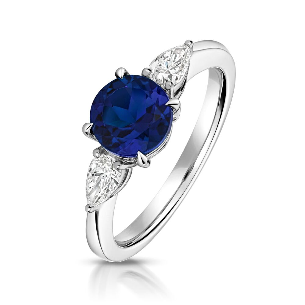 9CT LAB GROWN ROUND SAPPHIRE AND PEAR SHAPE DIAMOND RING
