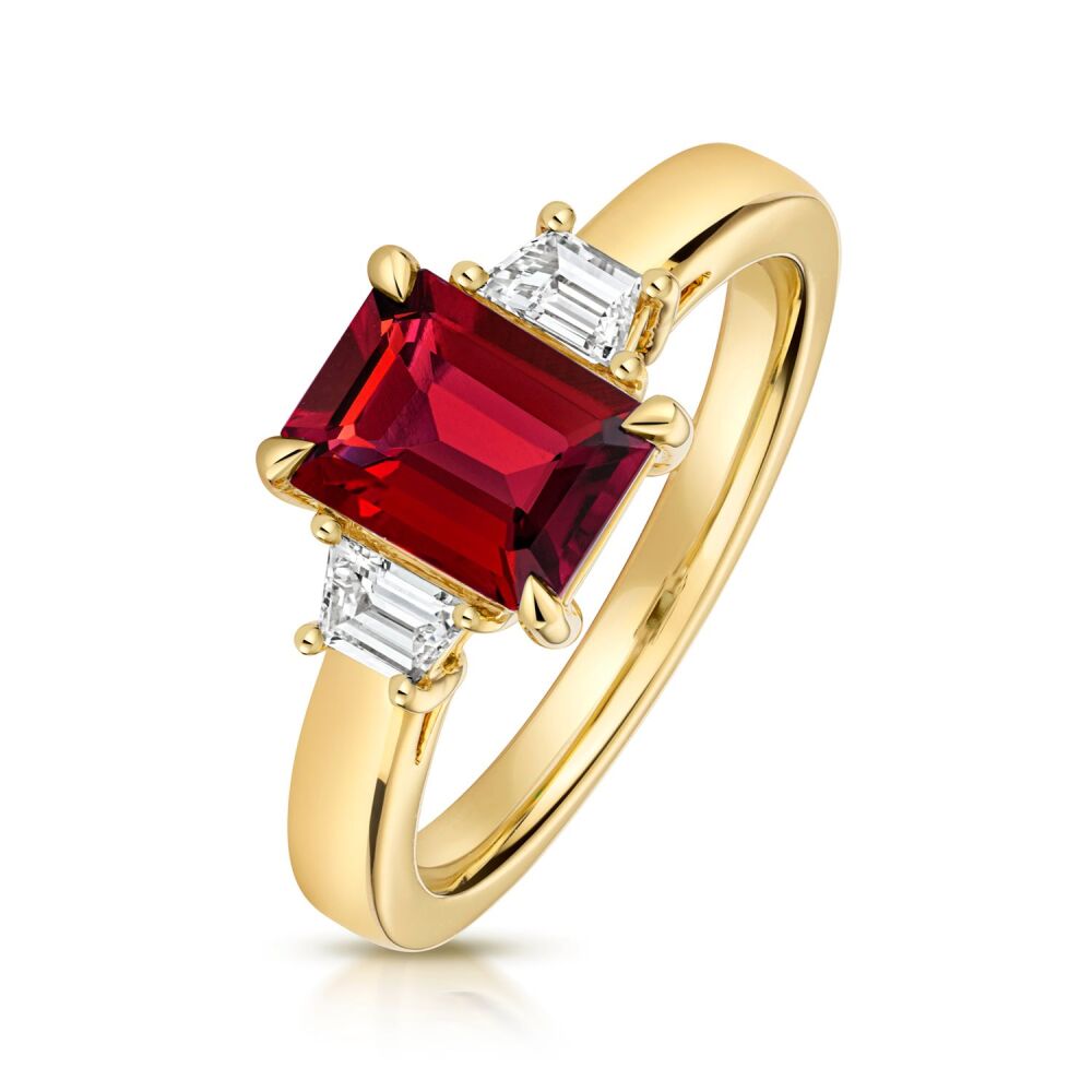 9CT LAB GROWN EMERALD CUT RUBY AND BAGUETTE DIAMOND RING