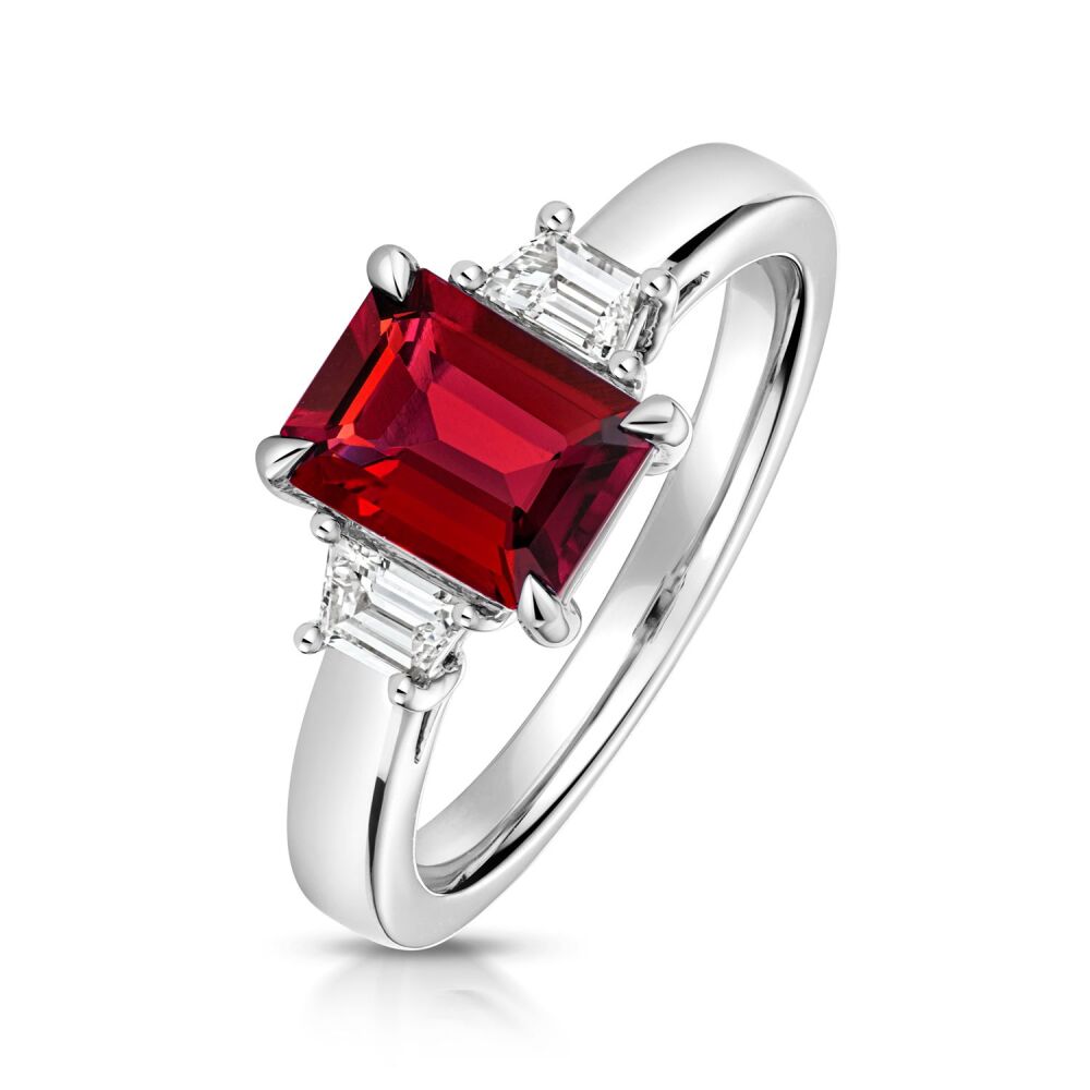 9CT LAB GROWN EMERALD CUT RUBY AND BAGUETTE DIAMOND RING