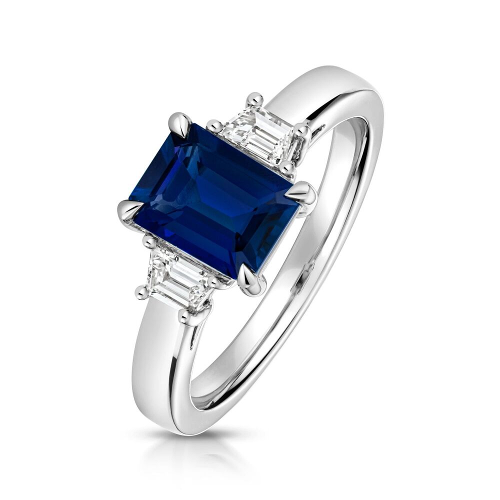 9CT LAB GROWN EMERALD CUT SAPPHIRE AND BAGUETTE DIAMOND RING