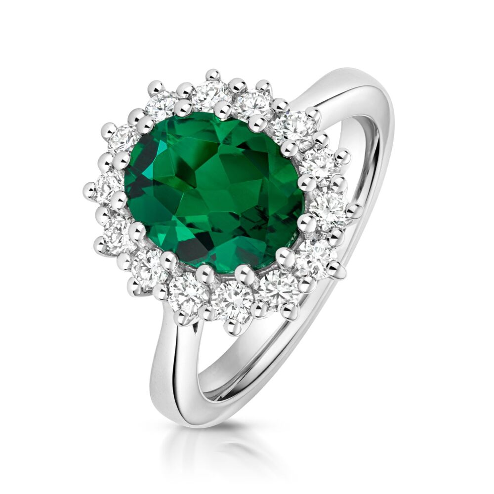 9CT LAB GROWN EMERALD AND DIAMOND HALO RING