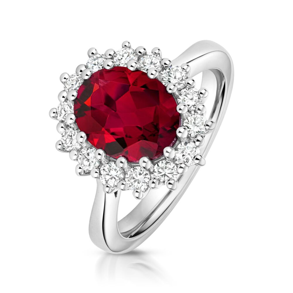 9CT LAB GROWN RUBY AND DIAMOND HALO RING