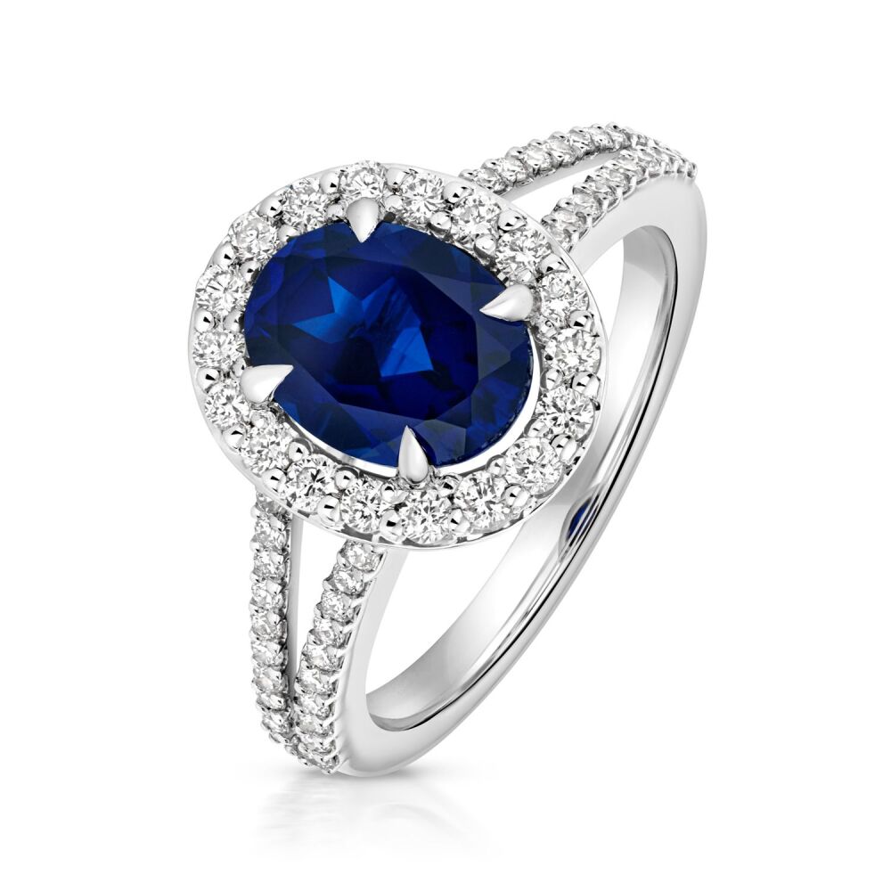 9CT LAB GROWN SAPPHIRE AND DIAMOND HALO RING