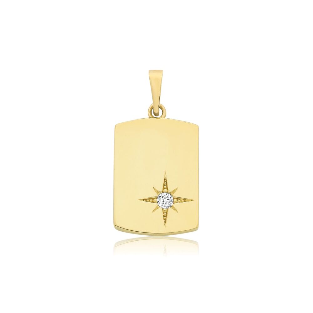 9CT YEL GOLD DOG TAG W/ CZ STAR PENDANT