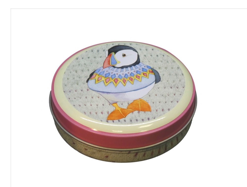 Woolly Puffin round tin