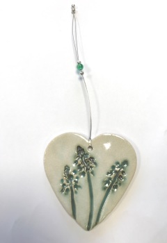 Aly Hall Hand crafted glazed ceramic decoration with beaded wire hanger - Heart with Muscari