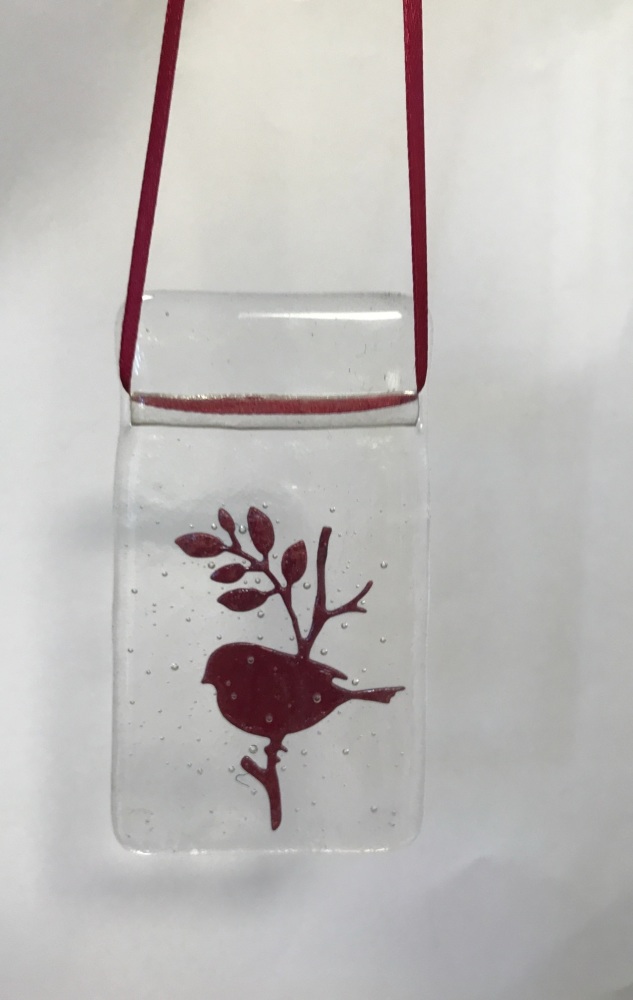 Fused Glass Hanging Decoration with Copper Foil Inclusion - Bird on a Branc