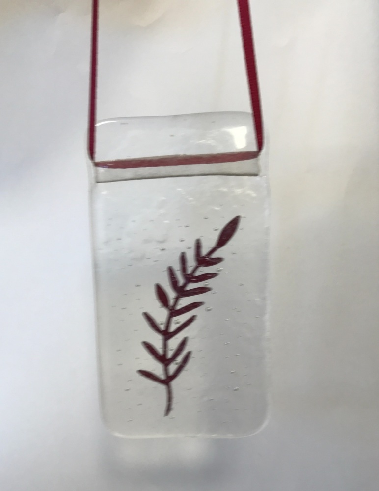 Fused Glass Hanging Decoration with Copper Foil Inclusion - Leaf Sprig